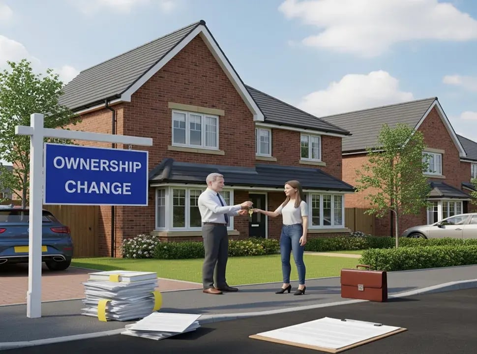  3D illustration of A modern UK-style home with a Ownership Change sign in front, symbolising the transfer of property ownership. 