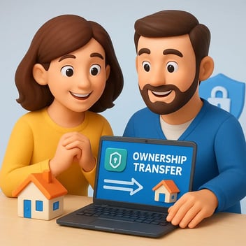 3D illustration of a British couple completing a secure digital house ownership transfer on a laptop, with a small house model symbolising property change, in a bright and professional setting.