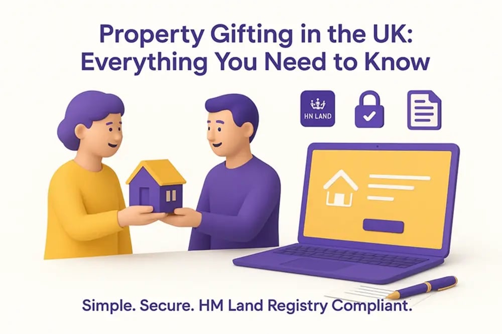  3D illustration of property gifting parent hands house to child, laptop shows digital transfer, HM Land Registry icons above 