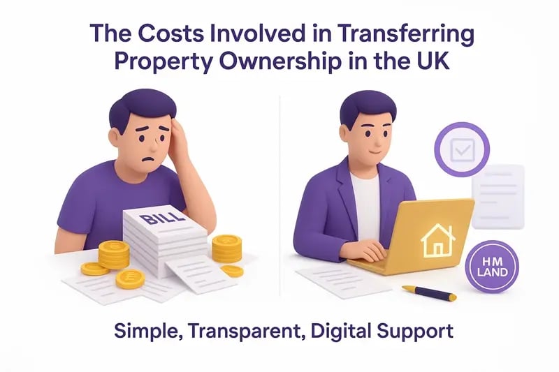  3D illustration of property transfer costs showing a worried person with bills and a confident person using a laptop with UK icons. 