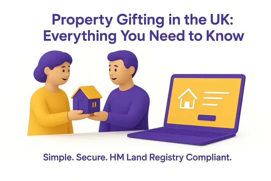 3D illustration of two people exchanging a small house with a laptop beside them, symbolising property gifting in the UK. 