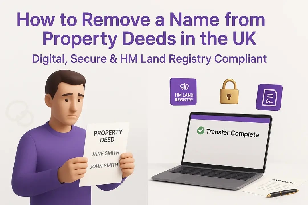  3D illustration showing a man removing a name from a property deed beside a laptop with “Transfer Complete” and HM Land Registry icons. 