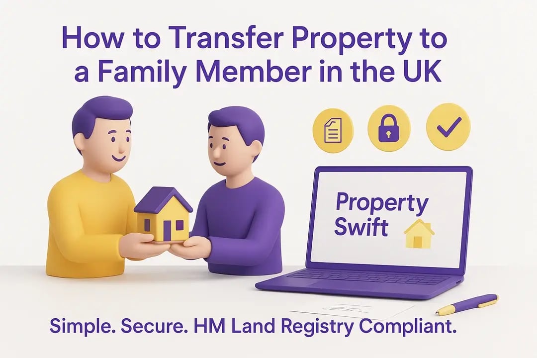  3D illustration showing a parent gifting a house to their adult child beside a laptop with Property Swift and HM Land Registry icons. 