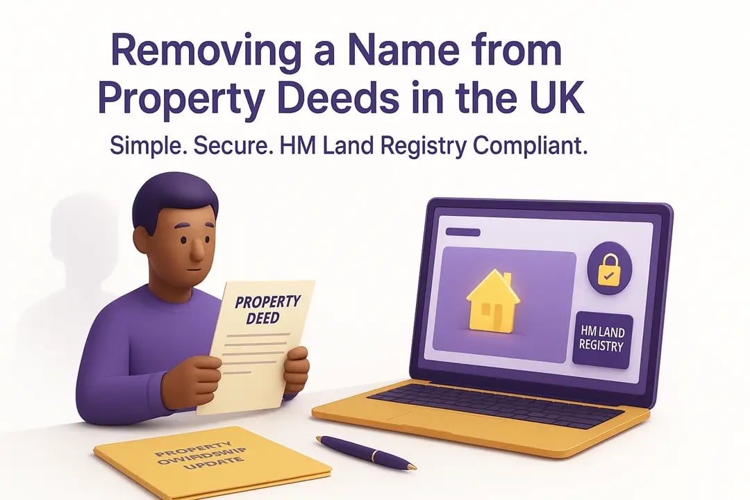  3D illustration showing a person holding a property deed beside a laptop with HM Land Registry icons, symbolising secure name removal. 