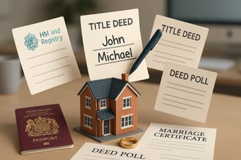 3D image of a UK house with floating title deeds, one showing a name change. Includes British passport, wedding ring, deed poll, and marriage certificate on a desk in a solicitor’s office.