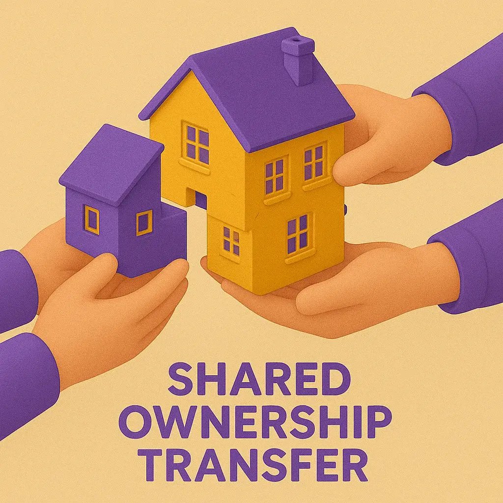 3D isometric illustration of two pairs of hands exchanging a miniature UK-style house, symbolising shared ownership transfer, with bold purple text reading “SHARED OWNERSHIP TRANSFER” below. 