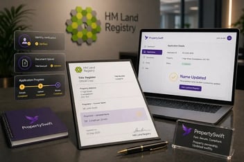 3D legal-tech workspace showing property ownership name update process