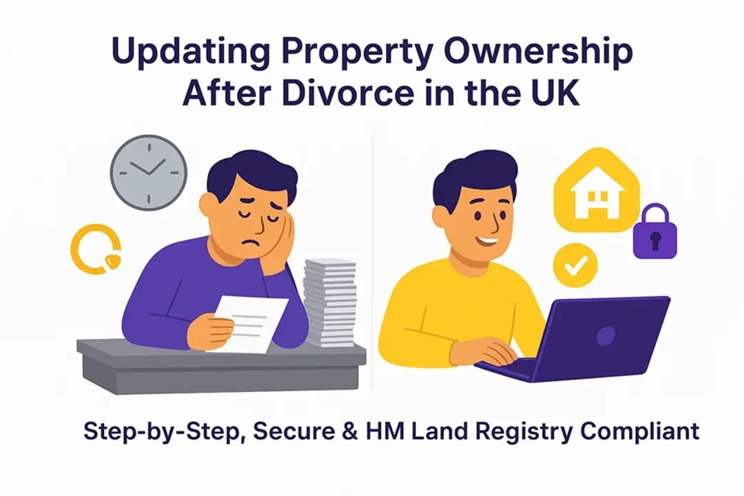  3D split-screen illustration showing a worried person with divorce paperwork on the left and a confident person using a laptop with house and lock icons on the right. 