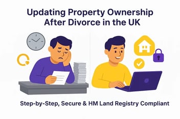 3D split-screen illustration showing a worried person with divorce paperwork on the left and a confident person using a laptop with house and lock icons on the right.