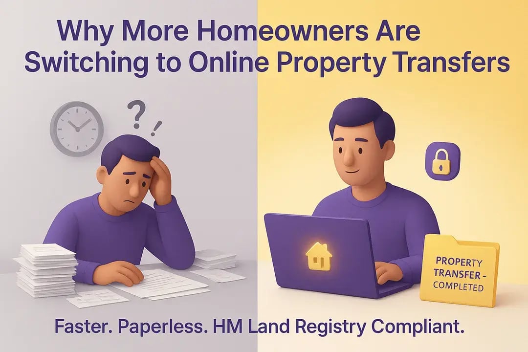  3D split-screen showing a stressed homeowner with papers and a calm user on a laptop, symbolising the shift to online property transfers. 