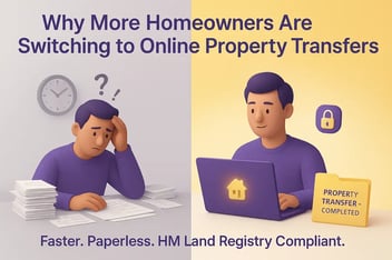 3D split-screen showing a stressed homeowner with papers and a calm user on a laptop, symbolising the shift to online property transfers.