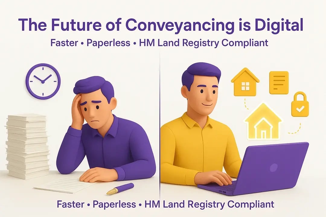  3D split-screen showing stressed man with paperwork vs. happy person using laptop for digital property transfer, with icons and headline text. 