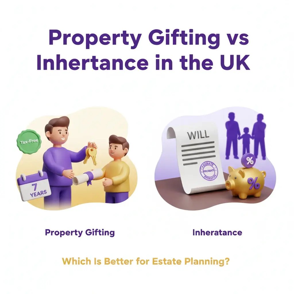  A 3D image for a blog hero. Property Gifting vs Inheritance shows a parent giving keys and a deed, and a will with a probate stamp. 