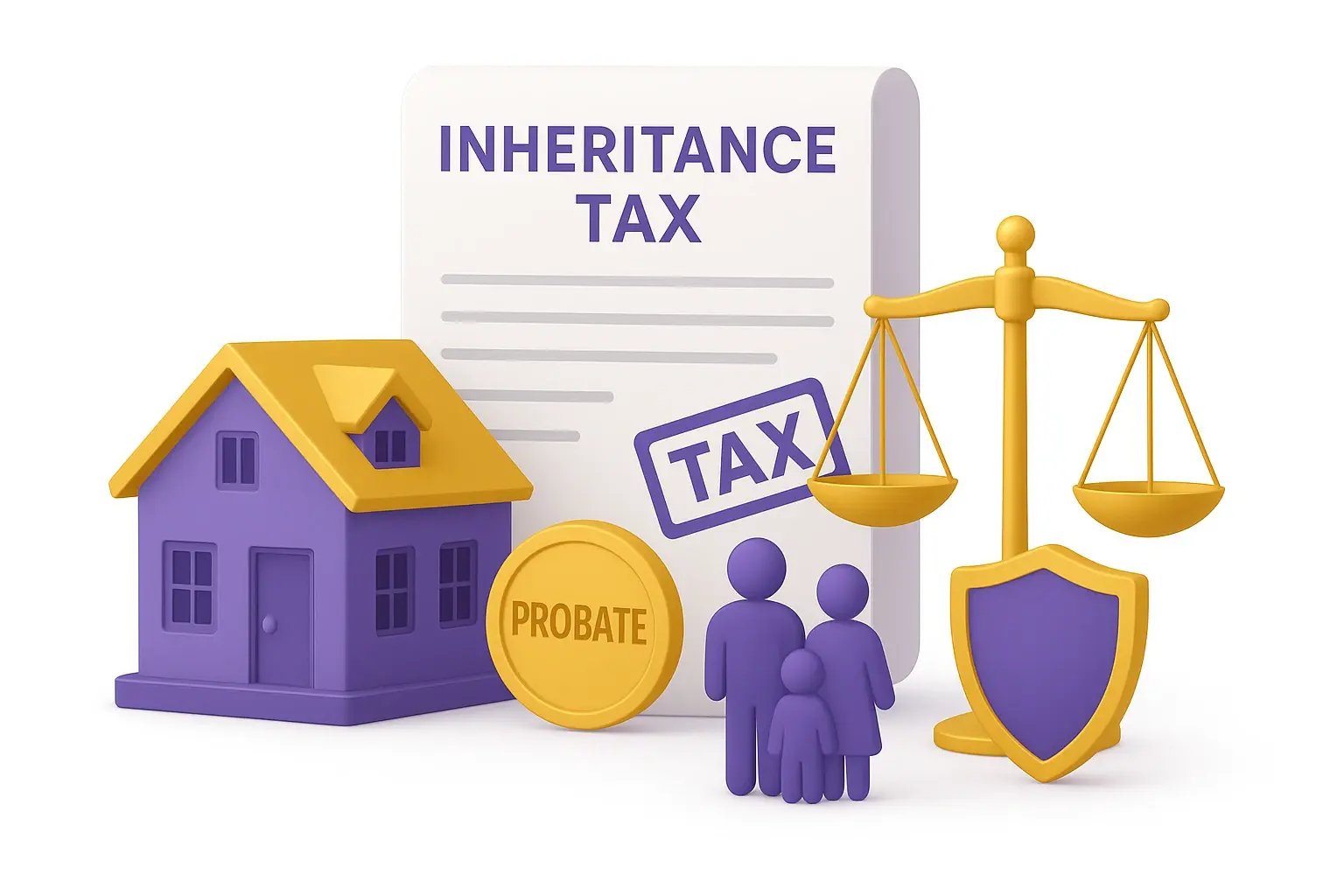  A family house with a legal document stamped “Inheritance Tax”, probate seal, and a family silhouette symbolising heirs. Balanced scale and shield for fairness and protection 