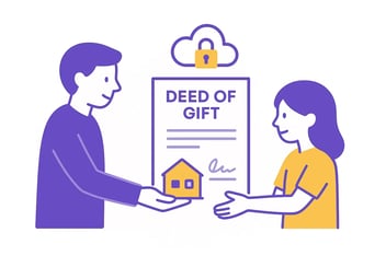 A parent handing over a small house icon (symbolising property) to a child, with legal document (Deed of Gift) shown between them.