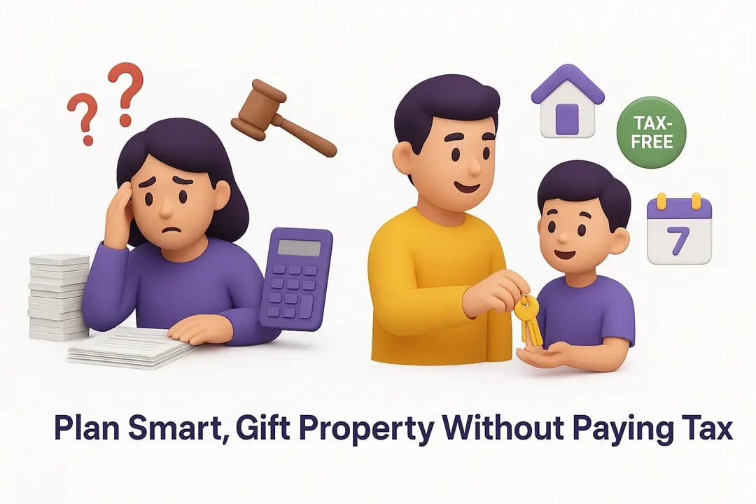  A parent surrounded by piles of tax paperwork, a calculator, and floating red question marks, looking worried. Right side: A smiling parent hands house keys to their child. 