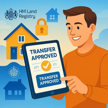 A smiling homeowner taps “Transfer Approved” on a tablet, with UK house icons, a secure padlock, and the HM Land Registry seal in a bright blue and gold digital design.