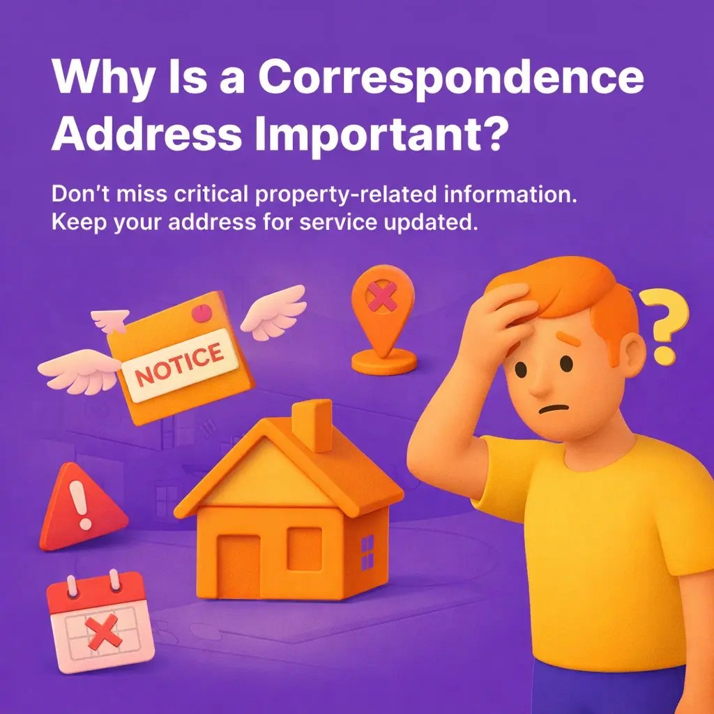 3D illustration on a purple background showing a worried homeowner beside a house while a winged envelope labelled “Notice” flies away, with warning icons indicating a missing or incorrect correspondence address for property records.