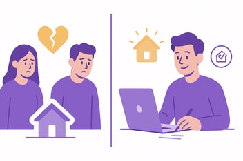 Divorce and property transfer illustration showing sad couple and digital deed signing with glowing house icon.
