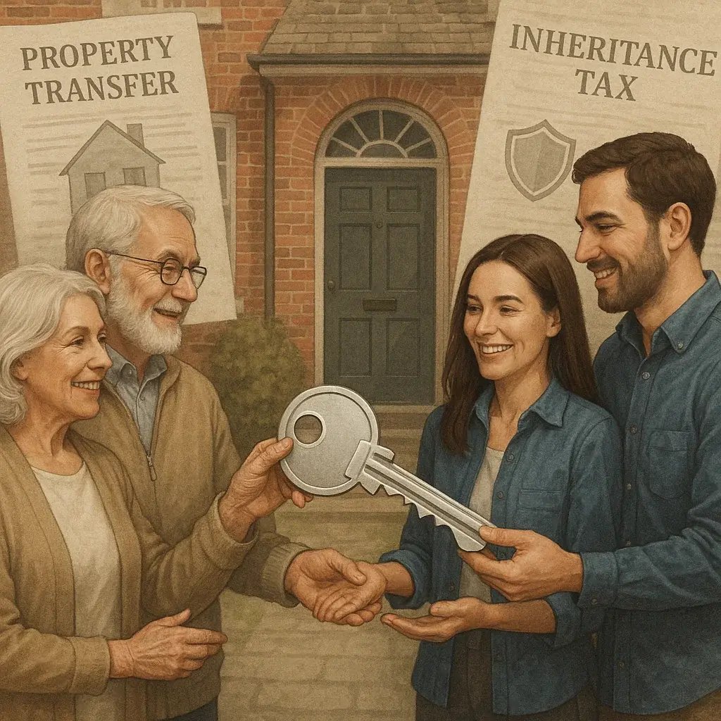  Elderly parents handing a large silver key to their adult children in front of a UK home, with visible signs reading “Property Transfer” and “Inheritance Tax” symbolising legal and tax decisions. 