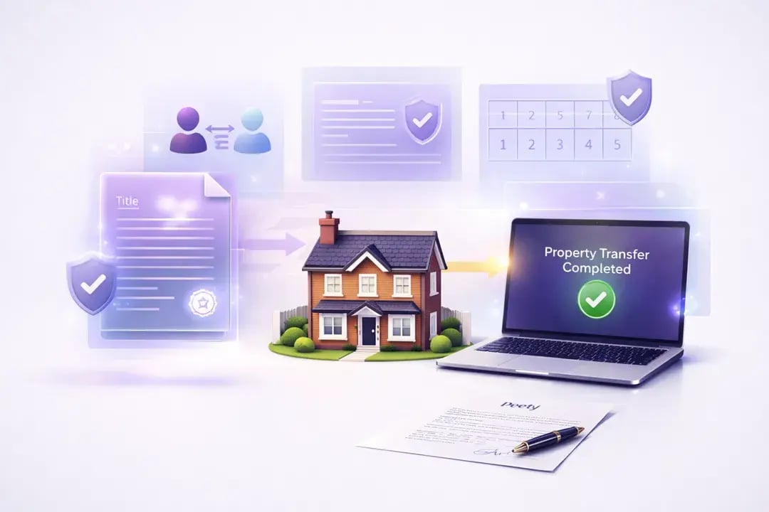  Modern 3D legal-tech illustration of a UK home with floating digital panels showing a title deed, identity verification, calendar, and ownership transfer icons. A laptop confirms property transfer completion, linking paper deeds to secure digital records. 
