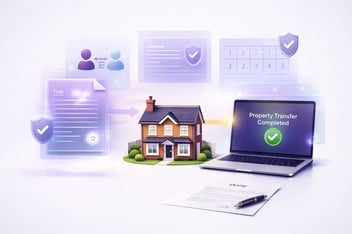 Modern 3D legal-tech illustration of a UK home with floating digital panels showing a title deed, identity verification, calendar, and ownership transfer icons. A laptop confirms property transfer completion, linking paper deeds to secure digital records.
