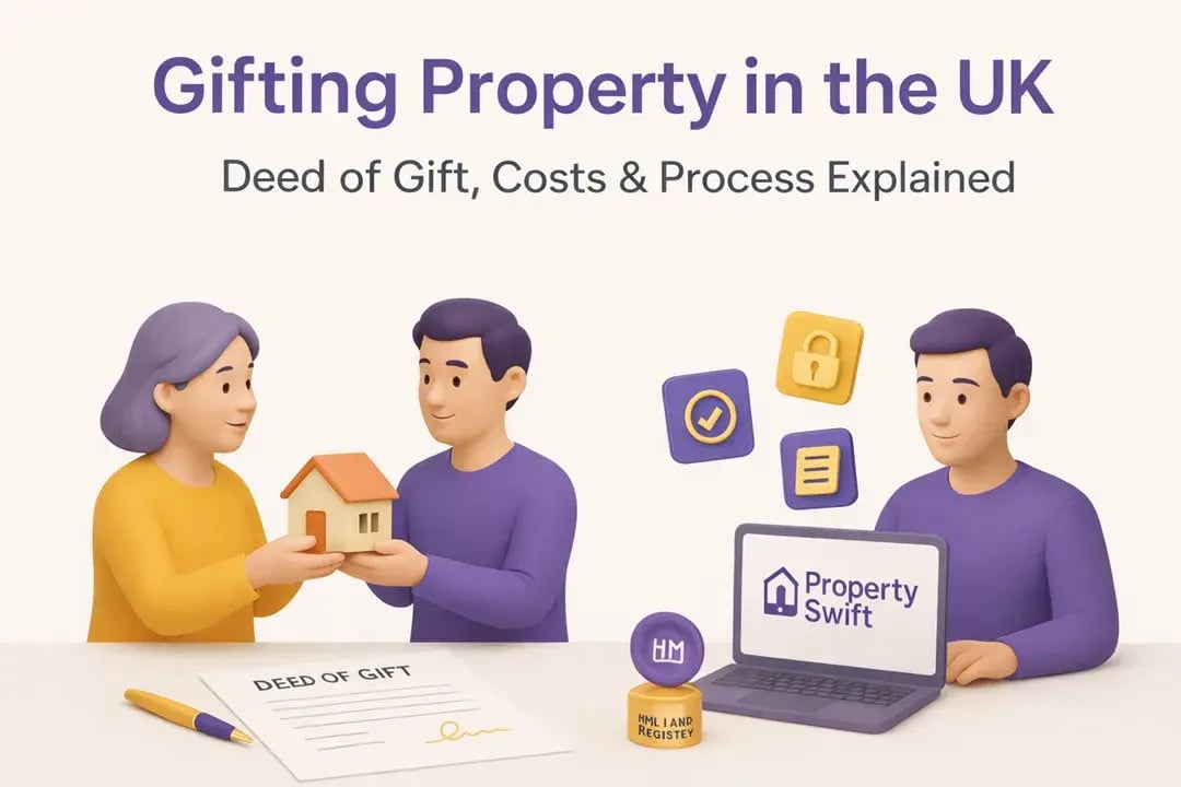  3D illustration of a parent gifting a house model to an adult child, with a Deed of Gift, HM Land Registry stamp, and Property Swift laptop on the desk. 