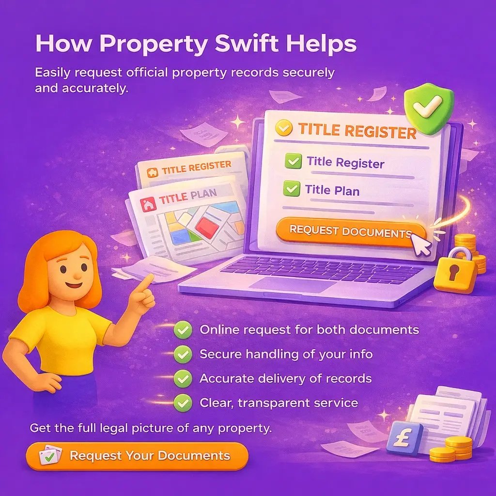 A 3D digital illustration on a purple background showing a person pointing at a laptop displaying a request for Title Register and Title Plan documents, with security icons and confirmation checks representing Property Swift’s secure and simple document ordering service.