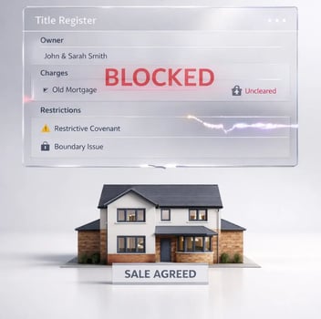 3D render of a UK house with “Sale Agreed” sign, a floating digital title register marked “Blocked,” showing issues like covenant warning, boundary mismatch, and unresolved mortgage.
