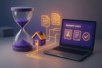 3D digital illustration showing a purple hourglass symbolising Land Registry delays, a purple-and-gold house connected to glowing gold digital documents, and a laptop displaying the Property Swift dashboard with verification and compliance icons.