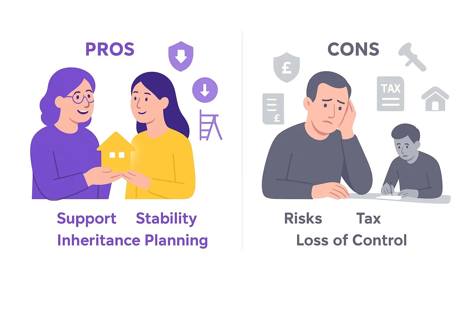  Left side (Pros) Smiling parent handing over a small glowing house icon to an adult child. The child looks happy and secure. Right side (Cons) Worried parent sitting at a desk, looking anxious as a child in the background signs 