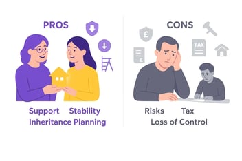 Left side (Pros) Smiling parent handing over a small glowing house icon to an adult child. The child looks happy and secure. Right side (Cons) Worried parent sitting at a desk, looking anxious as a child in the background signs