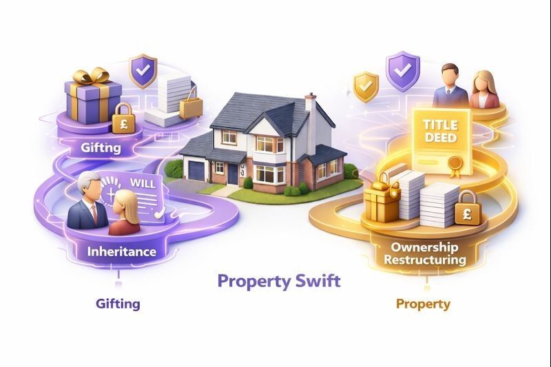  True 3D illustration of a modern UK house connected by glowing purple and gold digital pathways to gifting, inheritance, and ownership restructuring icons. Secure documents, title deeds, and legal symbols float around, creating a premium Property Swift PropTech visual on a clean white background. 
