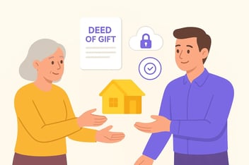 Parent handing over a glowing house icon to an adult child with a digital ‘Deed of Gift’ document above, symbolising property gifting service online.