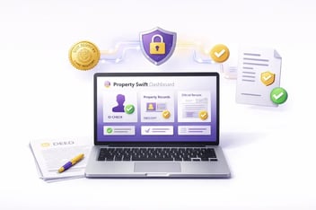 High-resolution 3D legal-tech illustration showing a laptop with the Property Swift dashboard, surrounded by secure lock, checkmark, HM Land Registry stamp, and digital document flow icons, with a physical deed and pen on a clean white desk in purple and gold branding.