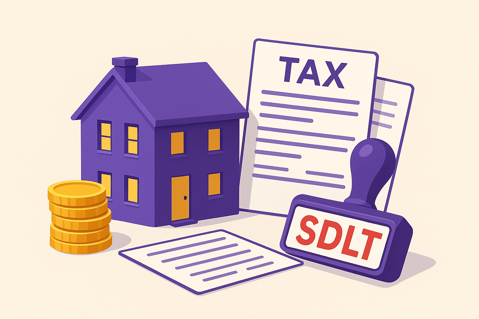  Purple UK house with gold coins, tax documents, and a bold red SDLT stamp in modern flat design on a clean beige background. 