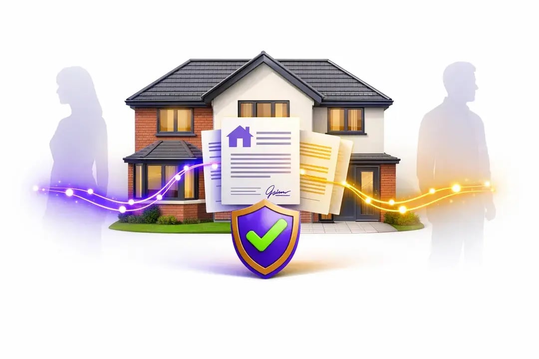  A true 3D illustration of a modern UK home on a white background, with two fading human silhouettes symbolising divorce. Glowing digital property documents float between them, linked by purple and gold pathways, with shield and checkmark icons representing security and legal compliance. 