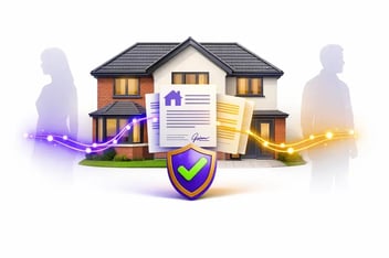 A true 3D illustration of a modern UK home on a white background, with two fading human silhouettes symbolising divorce. Glowing digital property documents float between them, linked by purple and gold pathways, with shield and checkmark icons representing security and legal compliance.