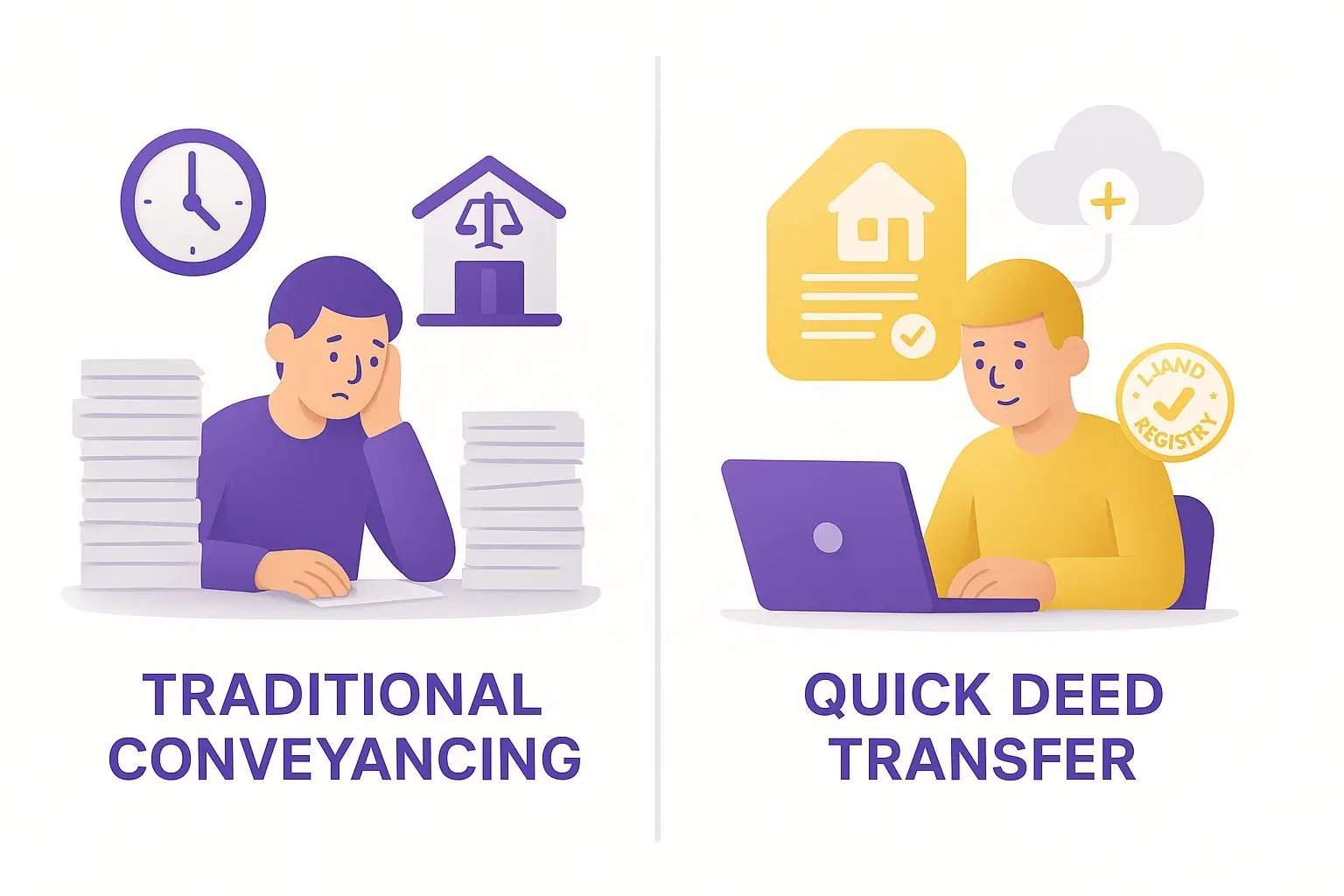 Split-screen illustration comparing traditional conveyancing with piles of paperwork vs quick online deed transfer using laptop. 