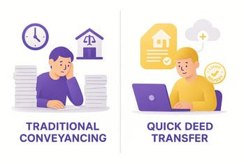 Split-screen illustration comparing traditional conveyancing with piles of paperwork vs quick online deed transfer using laptop.