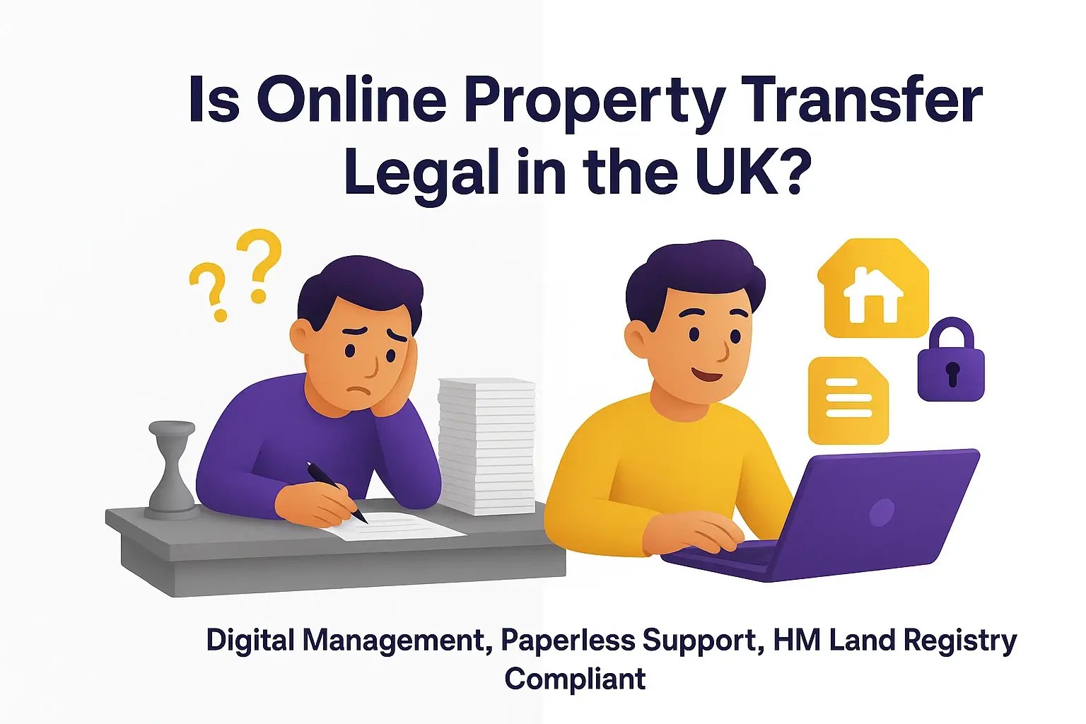  Split-screen illustration comparing traditional paperwork with HM Land Registry compliant digital property transfer 