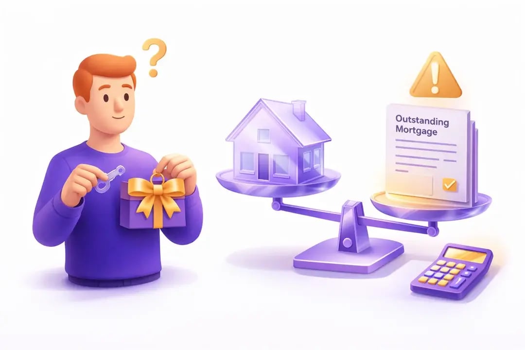  Alt Text A split-scene 3D illustration showing a homeowner holding a house key and gift on the left, and a house balanced against mortgage documents and a calculator on the right, highlighting hidden tax considerations in a property transfer. 