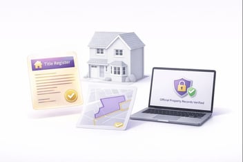 Premium 3D illustration of a modern UK house with floating title register document, semi-transparent property boundary map, and a laptop showing “Official Property Records Verified,” styled in Property Swift’s purple and gold legal-tech aesthetic.