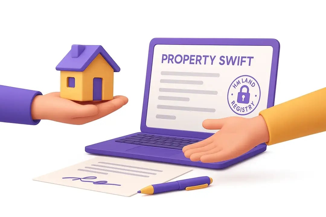  3D property transfer illustration showing a homeowner handing over a purple-and-gold house model, with the Property Swift dashboard, HM Land Registry stamp, and signed deed on a white desk. 