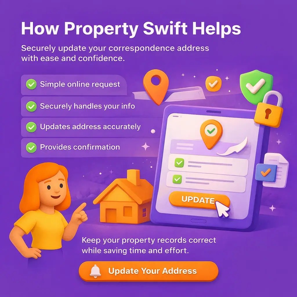 A 3D digital scene on a purple background showing a homeowner pointing to a tablet with an “Update” button, a house icon, and green checkmarks, representing Property Swift’s secure and simple process for updating a correspondence address.