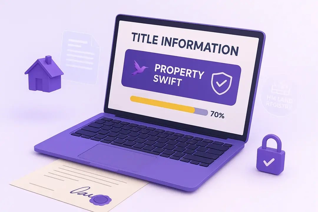  A 3D legal-tech workspace showing a laptop with the Property Swift dashboard, holographic house icons, and digital documents representing how to get house deeds online. A wet-signed deed on the table highlights HM Land Registry compliance. 