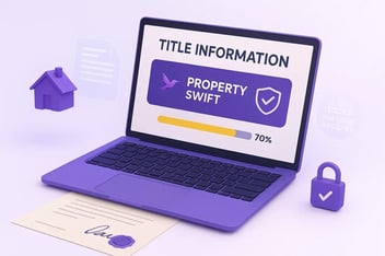 A 3D legal-tech workspace showing a laptop with the Property Swift dashboard, holographic house icons, and digital documents representing how to get house deeds online. A wet-signed deed on the table highlights HM Land Registry compliance.