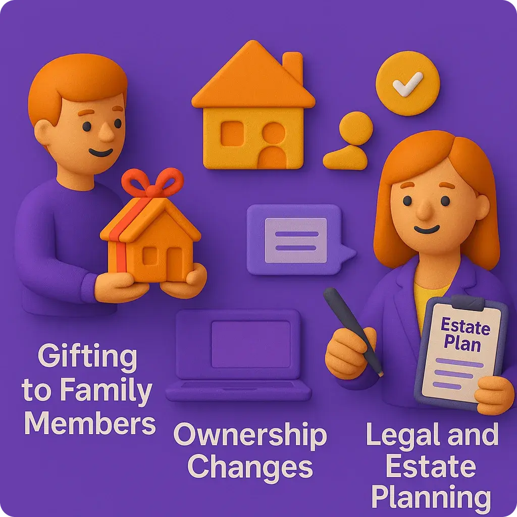 3D illustration showing property transfer concepts man holding gift house for Gifting to Family Members, laptop for Ownership Changes, and woman with estate plan document for legal planning.