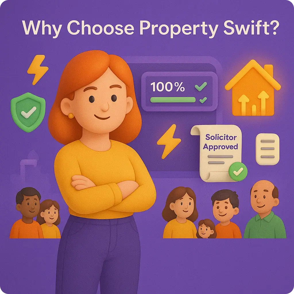 A 3D illustration of a confident woman standing with folded arms, surrounded by icons showing trust, approval, property growth, and diverse families, under the heading Why Choose Property Swift