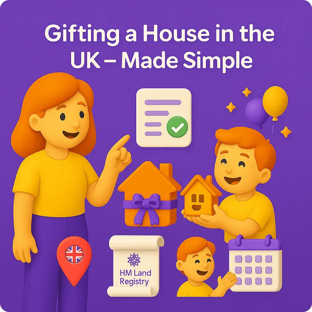 A woman and a man discuss house gifting in the UK on a purple background, with icons of houses, a checklist, balloons, an HM Land Registry document, a location pin, and a calendar.